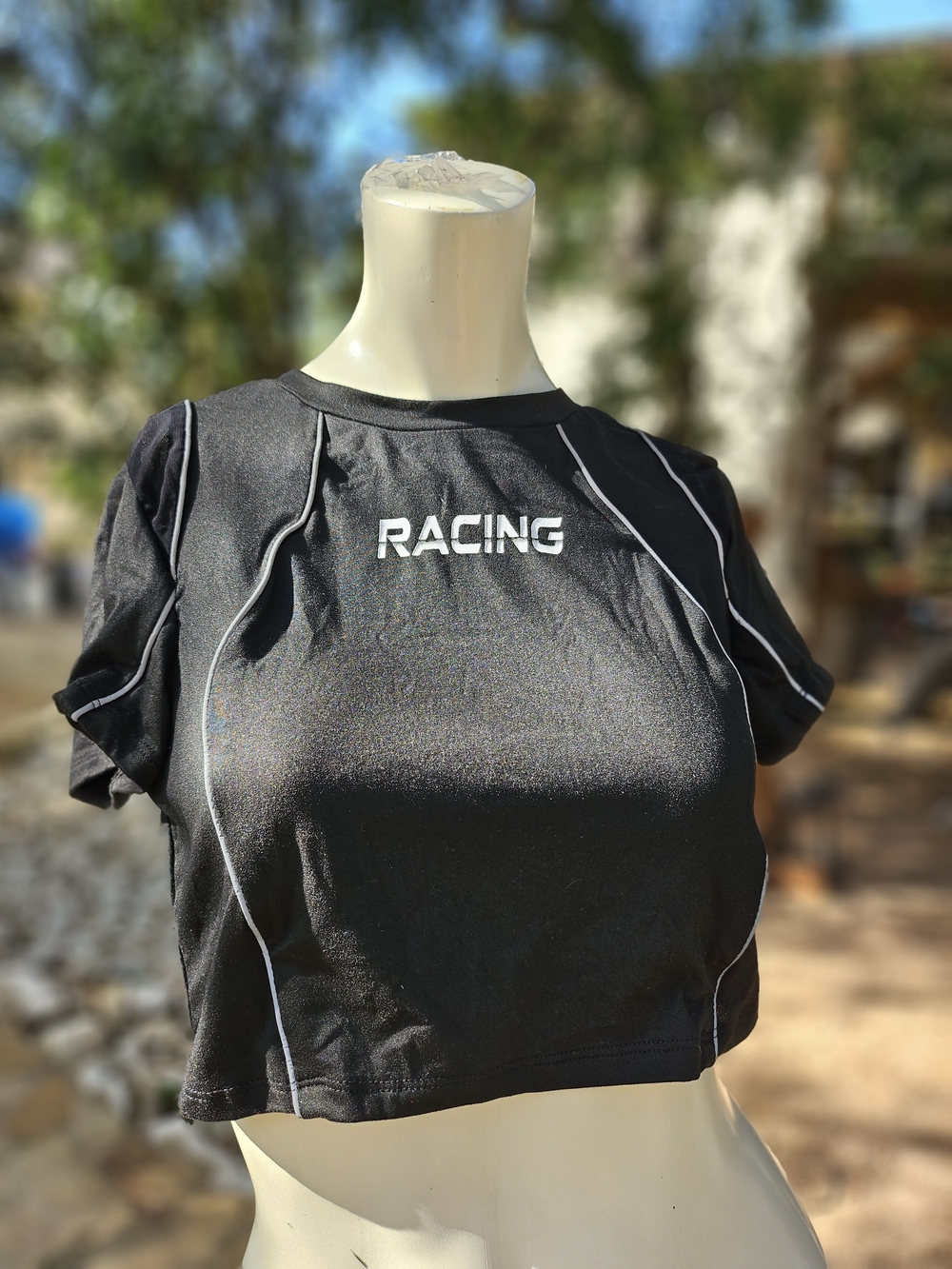 Racing Short Sleeve Crop Top - Black Size Large Stretchy